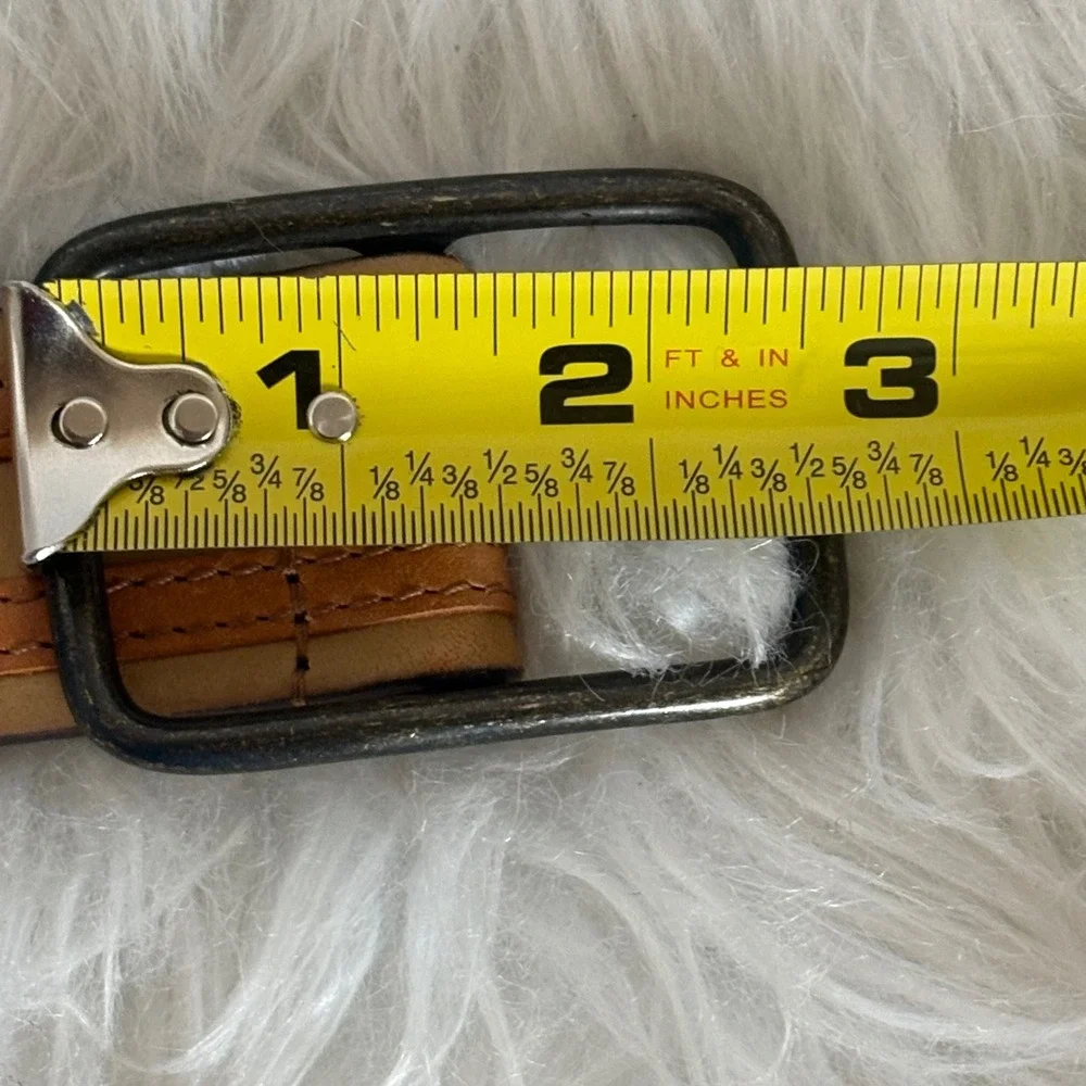 Linea‎ Pelle 230800 Tan Brown Striped Leather Belt Size 34 Antique Brass Buckle